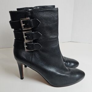 Nine West Black Leather Silver Buckle High Heel Boots